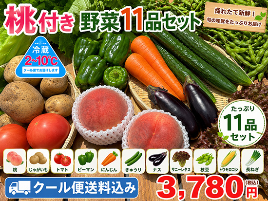 【桃】桃2個入り野菜11品セット（本州と四国の方）※送料込み※